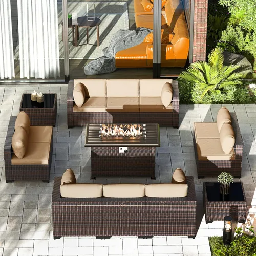 Miniatura 46 de Gotland Juego de muebles de patio de 8 piezas con mesa con fogón, muebles de ratán para exteriores para todo tipo de clima con respaldo alto de 2