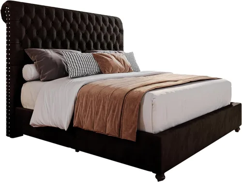 Miniatura 9 de PaPaJet Marco de Cama King Tapizado Marco de Cama de Plataforma con Cabecero de Trineo de 53" de Alto, Capitoné, No Necesita Somier, Fácil Montaje