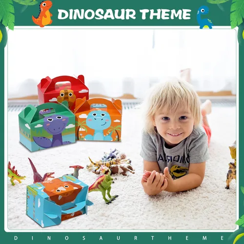 Miniatura 6 de TaoBary 24 cajas de recuerdo de fiesta de dinosaurios para niños y niñas, recipientes de regalo de golosinas de dinosaurio jurásico con asa
