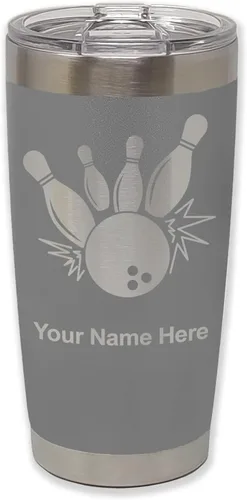 Miniatura 34 de LaserGram Vaso aislado al vacío de 20 onzas, bola de boliche y alfileres, grabado personalizado incluido (negro)