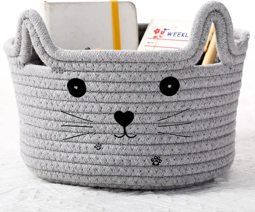 Miniatura 12 de Zopeal Cesta de almacenamiento tejida para gatos, organizador tejido con orejas, juguete decorativo de Navidad para mascotas, bonita canasta