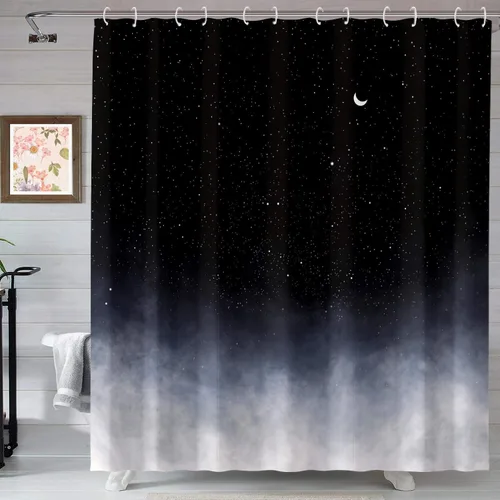 Neasow Cortina de ducha negra, cortina de baño de estrellas y luna nueva, cortinas de ducha de cielo estrellado nocturno