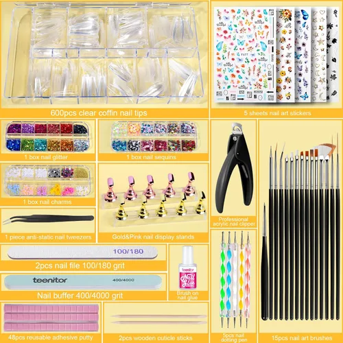 Miniatura 2 de Teenitor - Kit de uñas postizas - Puntas de uñas transparentes tipo ataúd, brochas de arte, bolígrafo de punteado, purpurina, pegatinas y strass