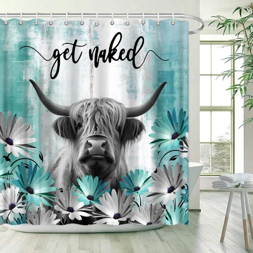 Miniatura 3 de Highland - Cortina de ducha de vaca divertida, animales de granja, ganado, toro gris y verde azulado cian, plantas de vida silvestre, tela