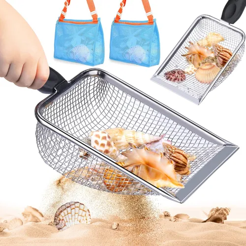 Vodolo 2 PCS Palas de Malla de Playa con 2 PCS Bolsas de Playa de Malla para Filtrar Arena, Recogedor de Conchas para Niños para Recoger Conchas,