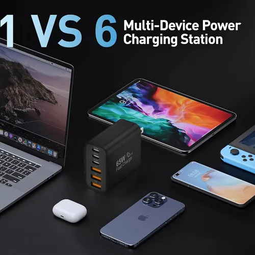 Miniatura 5 de Bloque de carga USB C, 65 W, 6 puertos, bloque de carga USBC, cargador de pared, cargador de iPhone, carga rápida, multipuerto tipo C, PD+QC, Negro