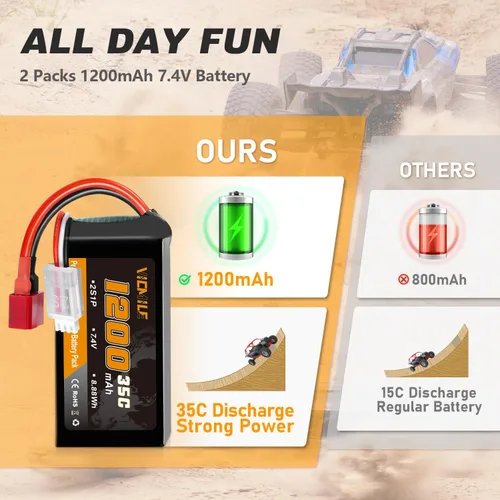 Miniatura 4 de Batería Lipo de 7.4V 1200mAh 2S 35C Batería recargable de alta tasa de descarga con enchufe T estilo Dean apto para WLtoys A949 A959 A969 A979 K929