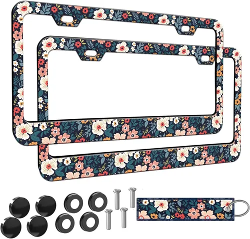 Miniatura 15 de 2 piezas Marco de matrícula azul con diseño de bosque montañoso para mujeres, marcos de etiqueta decorativa de coche azul montañoso para chicas