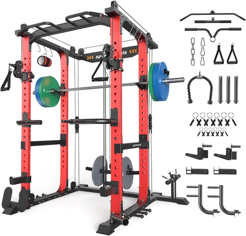 Miniatura 15 de Sportsroyals Jaula de Potencia, Rack de Potencia Multifuncional de 1600 libras con Sistema de Cruce de Cable Ajustable y Más Accesorios de Azul