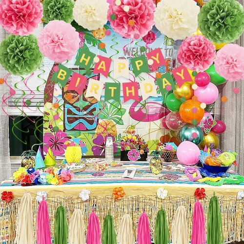 Miniatura 3 de Decoraciones de cumpleaños rosa y verde para mujeres y niñas, pompones de papel de seda, pancarta de feliz cumpleaños, borla de papel, guirnalda