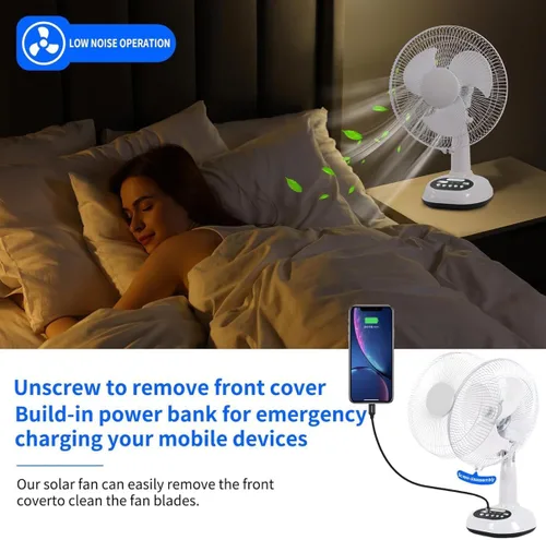 Miniatura 3 de Ventilador recargable VENTO con panel solar, puerto USB, luz LED nocturna y 2 bombillas gratis. Refrigeración ecológica