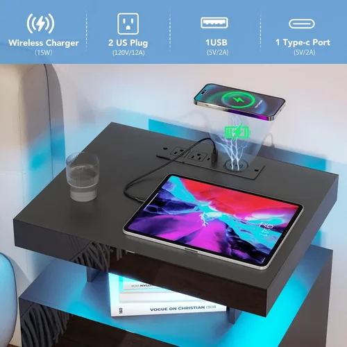 Miniatura 3 de HOMMPA - Mesita de noche LED con estación de carga inalámbrica y puertos USB, mesa de noche moderna, mesita de noche de 3 cajones con compartimento