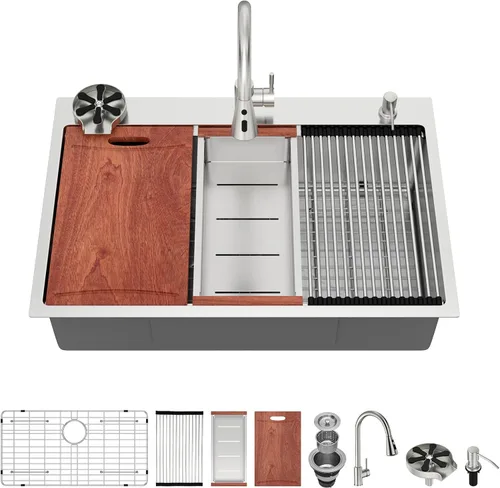 Miniatura 25 de Fregadero de cocina de 25 pulgadas, fregadero de un solo cuenco, color negro mate, calibre 18, 25 x 22 pulgadas, acero inoxidable, montaje superior