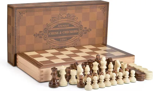 Miniatura 8 de AMEROUS Juego de ajedrez y damas de madera de 15 pulgadas con piezas de ajedrez ponderadas mejoradas - 2 reinas extra - 24 piezas de damas