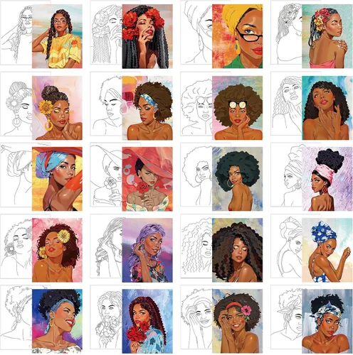 Miniatura 9 de Sherr 20 Piezas Lienzo Estirado Predibujado Arte Negro Reina Afro para Pintar para Adultos Contorno Predibujado Lienzo de Algodón Estirado