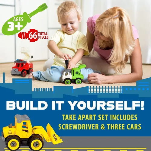 Miniatura 3 de Power Gearz - Juguete desmontable con destornillador y tornillos, paquete de 3 camiones para niños y niñas, camión de bomberos, camiones de basura