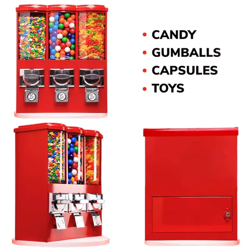Miniatura 3 de Máquina expendedora – Máquina comercial de chicles y dulces con soporte y recarga en paquete – Máquina expendedora triple roja con recipientes