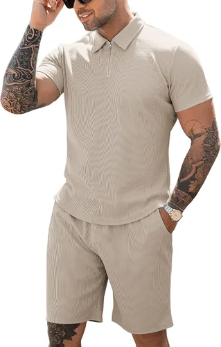 URRU Conjunto de camisa polo y pantalones cortos para hombre, trajes de verano casuales de manga corta para hombre, conjunto de 2 piezas con