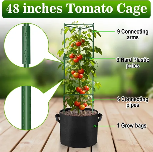Miniatura 6 de NNG Paquete de 2 jaulas de tomate de 48 pulgadas con bolsas de cultivo de 10 galones, jaulas de soporte para plantas de jardín, estacas de torre