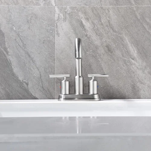 Miniatura 6 de Grifo de baño de níquel cepillado de 4 pulgadas y 2 manijas para fregadero de 3 agujeros, grifo de fregadero de baño central con ensamblaje