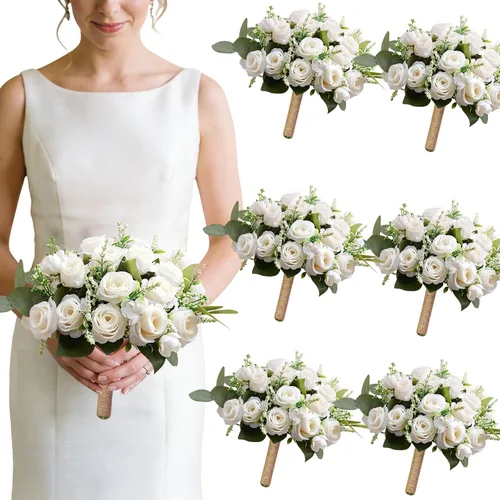 Miniatura 10 de Ramos de boda de rosas blancas para novia y dama de honor, tela de alta calidad, arreglos florales de eucalipto para boda, adecuados para despedida