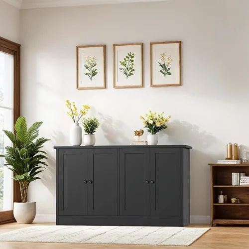 Miniatura 5 de holzart Armario de almacenamiento de buffet negro con 4 puertas, gabinete de barra de café de 49 pulgadas de ancho, aparador de buffet de cocina