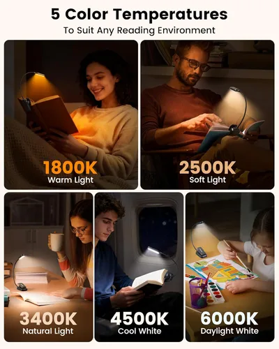 Miniatura 4 de Glocusent Luz de libro de 20 LED para leer en la cama, luz de lectura para el cuidado de los ojos, 5 colores y 5 brillos de 3 a 100 lm regulables