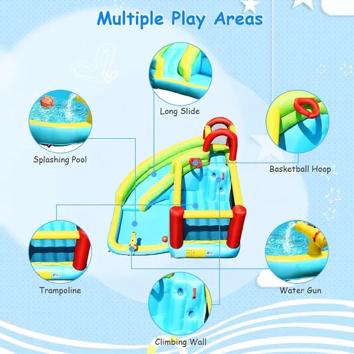 Miniatura 4 de OLAKIDS Tobogán acuático inflable, casa de rebote 6 en 1 con tobogán de pared de escalada para piscina, borde de baloncesto, pistola de agua, parque