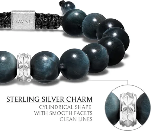 Miniatura 5 de Hawk's Eye Charoite Beaded Bracelet for Men Sterling Silver Charm Adjustable Drawstring 10mm Natural Gemstones Gift for Men, 6.3''-7.1