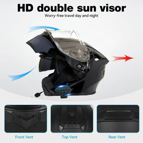 Miniatura 5 de Casco de motocicleta con Bluetooth, casco modular de motocicleta con Bluetooth, aprobado por DOT, doble visera, abatible, con Bluetooth, casco