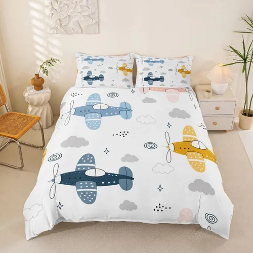 Miniatura 18 de Erosebridal Funda de edredón de avión tamaño individual, juego de ropa de cama de aviones de dibujos animados para adolescentes, color verde azulado