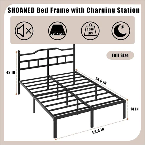 Miniatura 2 de SHOANED Marco de cama de 14 pulgadas de metal - Base de cama de tamaño matrimonial de alta resistencia con estación de carga y cabecera, listones