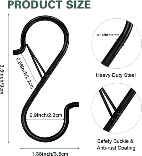 Miniatura 2 de 12 piezas de ganchos en S para colgar, ganchos de clóset resistentes de 3.5 pulgadas con hebilla de seguridad, ganchos de clóset para colgar