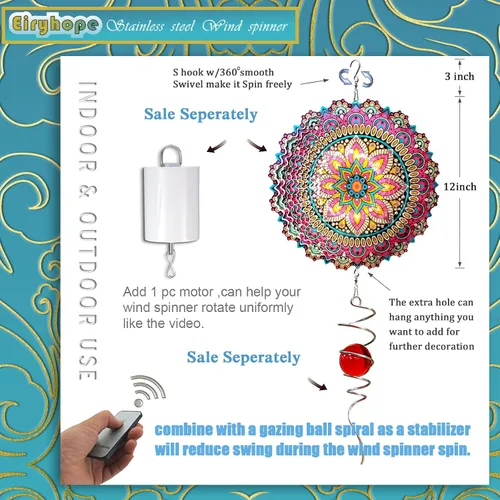 Miniatura 5 de Mandala Blossom Wind Spinner - Molinillos de Viento de Metal Escultura de Viento Colgante Cinética 3D de 12 pulgadas Cortada con Láser