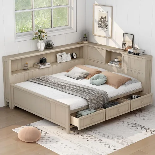 Miniatura 14 de Sofá cama de tamaño matrimonial con 4 cajones, marco de madera con 2 armarios de noche y estantes superiores, marrón antiguo