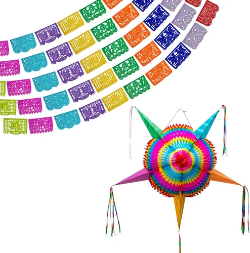Piñata mexicana (grande de 32 pulgadas) + pancartas de fiesta mexicana (paquete de 5 – 10 diseños de bandera de papel de seda por bandera) – Cartel