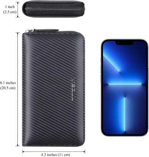 Miniatura 61 de VISOUL Cartera larga de cuero con cremallera para hombres y mujeres con bloqueo RFID, cartera larga de embrague grande con cremallera, Negro