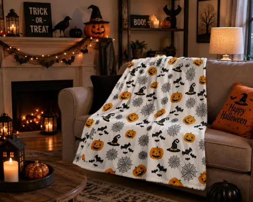 Manta de forro polar de Halloween: telaraña, sombrero de bruja, murciélagos negros, calabazas naranjas, franela suave y cálida para cama, sofá,