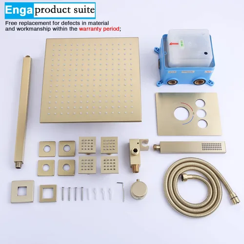 Miniatura 7 de Sistema de ducha de lluvia de oro cepillado, ducha de cuerpo completo Enga de 12 pulgadas con chorros corporales, juego combinado de ducha moderno