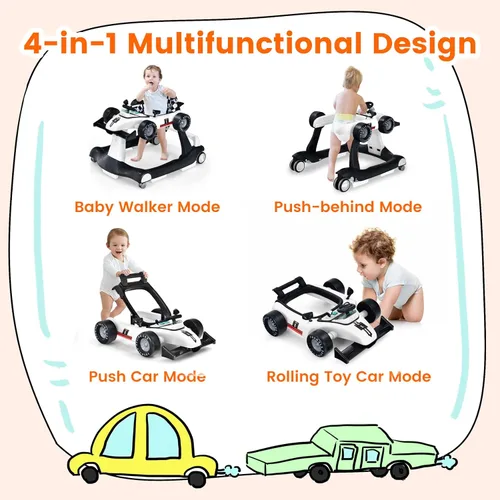 Miniatura 3 de HONEY JOY Andador de bebé 4 en 1, andador de actividad con empuje con 3 alturas ajustables, ruedas suaves con velocidad ajustable, asiento Blanco