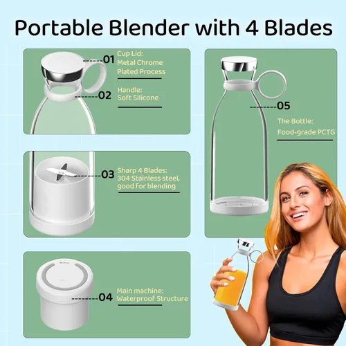 Miniatura 3 de Asa Vea Mini licuadora para batidos y batidos, licuadora portátil, recargable, licuadora de tamaño personal con tapa exterior de viaje con 4