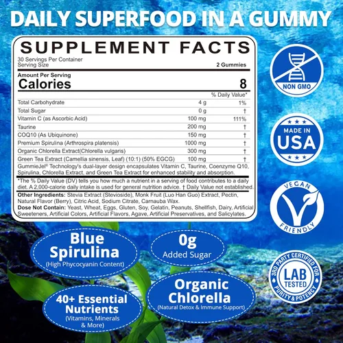 Miniatura 2 de Gomitas de espirulina azul orgánica, alta ficocianina de algas azul-verdes ricas en nutrientes para antioxidantes, energía celular y limpieza