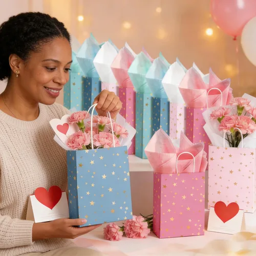 Miniatura 6 de Pajean Paquete de 32 bolsas de regalo de fiesta con temática de estrellas con asa, mini bolsas de regalo de papel kraft con pañuelos, suministros