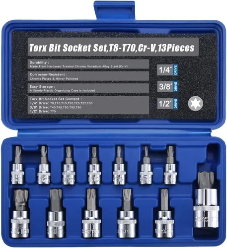 Torx Star Bit Socket Set, 1/2" 3/8" 1/4" Drive, T8 - T70, S2 y Cr-V Acero, 13 piezas