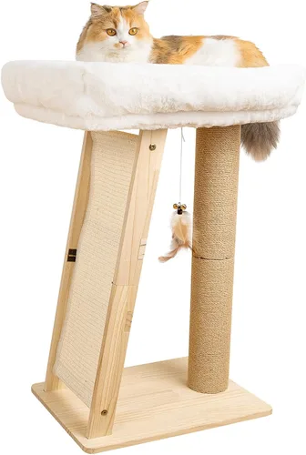 Miniatura 9 de Poste rascador para gatos de 31.5 pulgadas, muebles multifuncionales de madera de pino natural 3 en 1, postes altos para rascar con percha