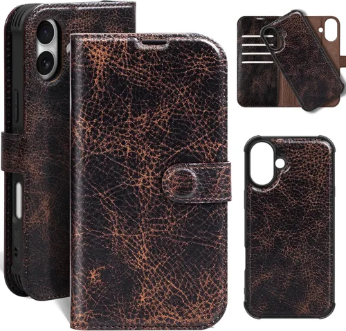 Miniatura 16 de Funda de cuero compatible con iPhone 16 Pro Max Cartera 6.9", cuero genuino 2 en 1, magnética, desmontable, a prueba de golpes, funda tipo folio