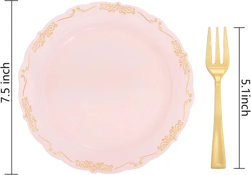 Miniatura 3 de LIYH 100 piezas de platos de postre de oro rosa - 100 piezas de tenedores de plástico dorados, platos para pasteles desechables con tenedores