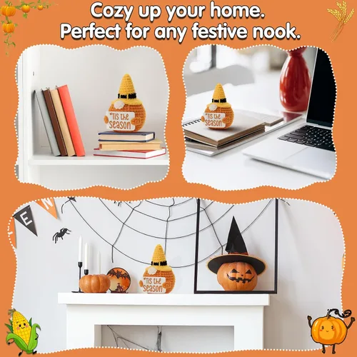 Miniatura 5 de Tis The Season - Muñeca de ganchillo hecha a mano con diseño de sombrero de bruja de Halloween, acogedora vibraciones de otoño, cosecha de Acción