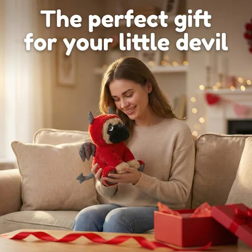 Miniatura 9 de Peluche de Pug de 10 pulgadas, juguete de peluche suave para perro con disfraz de diablo, regalo divertido para niños, novio, novia o amantes