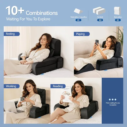 Miniatura 4 de Kayfia Almohada de lectura, almohada de espalda 10 en 1 para cama sentada con reposabrazos desmontable, respaldo con espuma viscoelástica de gel